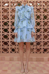janice blue Print Ruffle Lace-Up Mini Dress