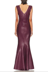ophelia v-neck sleeveless leather maxi dress in burgundy