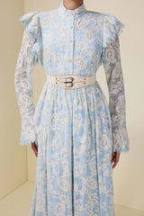 alma Chiffon Embroidered Single Breasted Midi Dress With Belt - blue