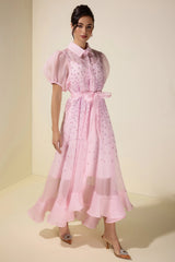 sylvia Rhinestone Puff Sleeve Maxi Dress With Belt - pink