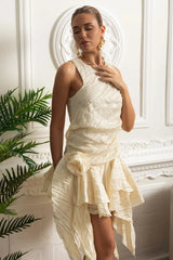 joy Draped Asymmetric Silk Dress with Layers - Ivoire