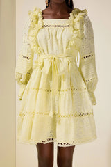 victoria Embroidered hollow Ruffle Mini Dress - yellow