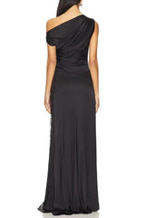 sara black Asymmetrical pleated maxi dress with side slit lace trim