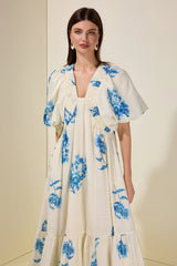 susie Print Smocking Puff Sleeve Midi Dress - blue