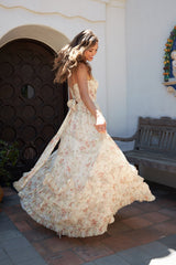 mignon floral print ruffle layer high slit corset maxi dress