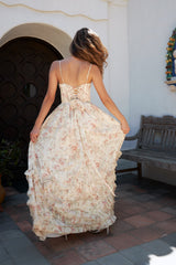 mignon floral print ruffle layer high slit corset maxi dress