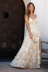 mignon floral print ruffle layer high slit corset maxi dress