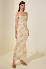 xaviera Mesh Floral Gathering Maxi Dress - yellow