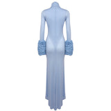MICHELLE RUFFLED TURTLENECK MAXI DRESS IN PALE BLUE