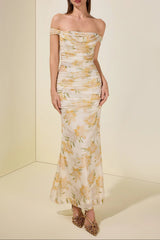 xaviera Mesh Floral Gathering Maxi Dress - yellow