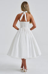 White Satin Halter Square Neck Fit And Flare Midi Dress With Tulle Hem