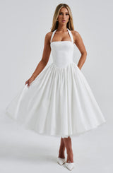White Satin Halter Square Neck Fit And Flare Midi Dress With Tulle Hem
