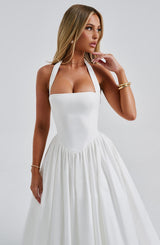 White Satin Halter Square Neck Fit And Flare Midi Dress With Tulle Hem