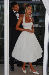 White Satin Halter Square Neck Fit And Flare Midi Dress With Tulle Hem