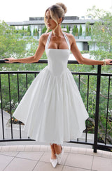 White Satin Halter Square Neck Fit And Flare Midi Dress With Tulle Hem