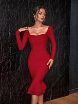 valerie Long Sleeve Bodycon Bandage midi Dress in red