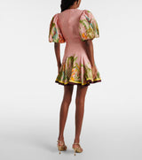 v-neck puff sleeve cotton linen printed mini dress - pink