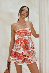 Linen lace-trim print strapless top shorts set - red