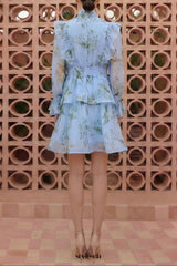 janice blue Print Ruffle Lace-Up Mini Dress