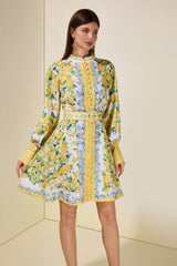 Lemon Floral Single-Breasted Midi Dress With Belt - yellow