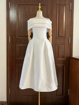 AinaraOff-the-Shoulder Satin White Midi Dress