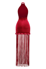 michaelia halterneck Fringe Velvet Dress in Burgundy