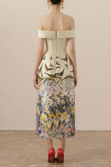 nina Retro floral print off-shoulder midi dress in apricot