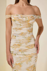 xaviera Mesh Floral Gathering Maxi Dress - yellow
