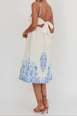 Blue Floral Print Back Tie-Up Midi Dress with Trim Band