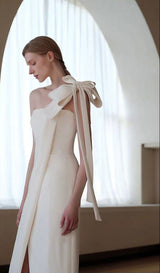 Estelle White Off Shoulder Satin Midi Dress with Bow