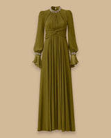 alyssa puff long sleeve pleated silk maxi dress in green