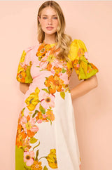 linda puff sleeve floral print maxi dress in yellow