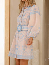 rita Printed Button Down Shirt mini Dress with Belt