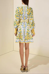 Lemon Floral Single-Breasted Midi Dress With Belt - yellow