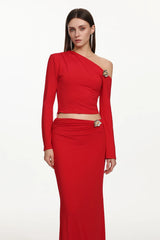 vicky metal flower Asymmetrical Long Sleeve Top skirt set - red