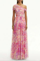 tiffany Floral Skew Collar Chiffon Maxi Dress - pink