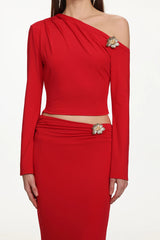vicky metal flower Asymmetrical Long Sleeve Top skirt set - red