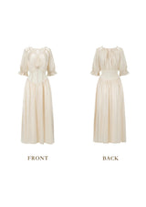 Square neck puff sleeve lace satin maxi dress - white