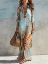 Vintage Art Print Collared Button Front Maxi Shirt Dress