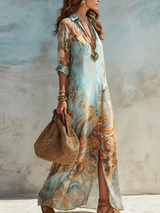 Vintage Art Print Collared Button Front Maxi Shirt Dress