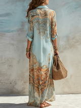Vintage Art Print Collared Button Front Maxi Shirt Dress