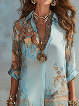 Vintage Art Print Collared Button Front Maxi Shirt Dress