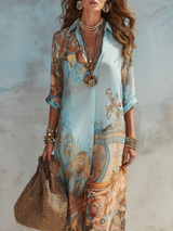 Vintage Art Print Collared Button Front Maxi Shirt Dress