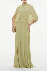 leona Green Draped Cape Sleeve Knit Maxi Dress