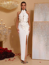 celeste 3d flower halter high slit backless maxi Dress in white