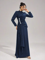 beulah Long sleeves with beading pleated maxi dress in blue