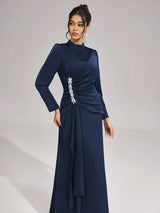 beulah Long sleeves with beading pleated maxi dress in blue