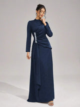 beulah Long sleeves with beading pleated maxi dress in blue