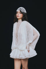 Isoline white semi-sheer lace top & shorts & dress matching set