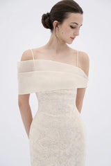 tiffany apricot Sheath off Shoulder Sleeve Lace Maxi Dress